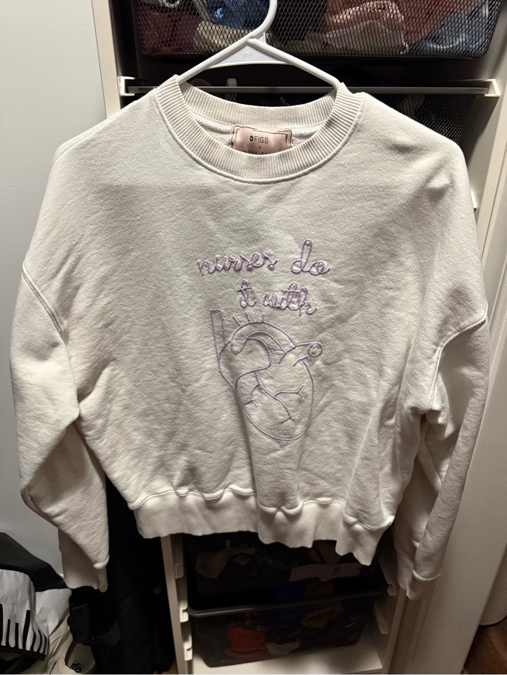 Figs Cream Crewneck Sweatshirt with Lavender Heart Embroidery